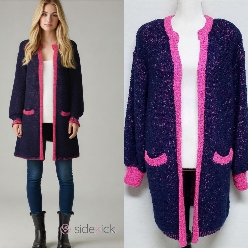 90s Vintage CD Collection Hot Pink Woven Knit Long Sleeve Open Front Cardigan